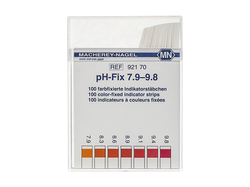 pH test strips, pH‑Fix 7.9–9.8, fixed indicator