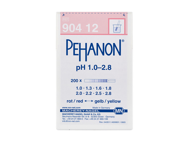 pH test strips, PEHANON 1.0–2.8, for colored samples